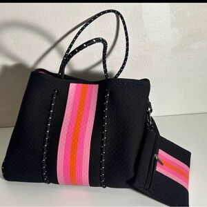 Elegant Black Tote with Pink and Orange Accents